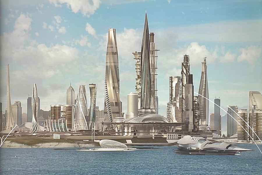3D rendering of a futuristic city on the waterfront